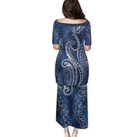 Polynesia Plumeria Lei Family Matching Puletasi and Hawaiian Shirt Navy Blue Curves Motif