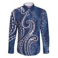 Polynesia Plumeria Lei Family Matching Summer Maxi Dress and Hawaiian Shirt Navy Blue Curves Motif LT7 Dad's Shirt - Long Sleeve Navy Blue - Polynesian Pride