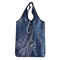 Polynesia Plumeria Lei Grocery Bag Navy Blue Curves Motif
