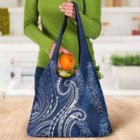 Polynesia Plumeria Lei Grocery Bag Navy Blue Curves Motif