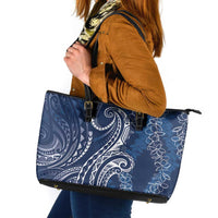 Polynesia Plumeria Lei Leather Tote Bag Navy Blue Curves Motif