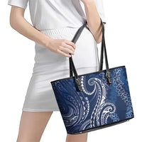 Polynesia Plumeria Lei Leather Tote Bag Navy Blue Curves Motif