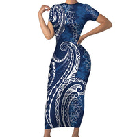 Polynesia Plumeria Lei Short Sleeve Bodycon Dress Navy Blue Curves Motif