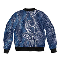 Polynesia Plumeria Lei Sleeve Zip Bomber Jacket Navy Blue Curves Motif LT7 - Polynesian Pride