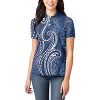 Polynesia Plumeria Lei Women Polo Shirt Navy Blue Curves Motif