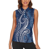 Polynesia Plumeria Lei Women Sleeveless Polo Shirt Navy Blue Curves Motif