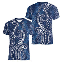 Polynesia Plumeria Lei Women V-Neck T-Shirt Navy Blue Curves Motif LT7 - Polynesian Pride