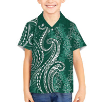 Polynesia Plumeria Lei Family Matching Long Sleeve Bodycon Dress and Hawaiian Shirt Sage Green Curves Motif LT7 Son's Shirt Dark Green - Polynesian Pride