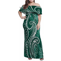 Polynesia Plumeria Lei Family Matching Off Shoulder Maxi Dress and Hawaiian Shirt Sage Green Curves Motif