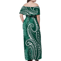 Polynesia Plumeria Lei Family Matching Off Shoulder Maxi Dress and Hawaiian Shirt Sage Green Curves Motif