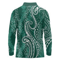 Polynesia Plumeria Lei Long Sleeve Polo Shirt Sage Green Curves Motif