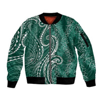 Polynesia Plumeria Lei Sleeve Zip Bomber Jacket Sage Green Curves Motif LT7 Unisex Dark Green - Polynesian Pride
