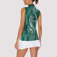 Polynesia Plumeria Lei Women Sleeveless Polo Shirt Sage Green Curves Motif