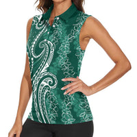 Polynesia Plumeria Lei Women Sleeveless Polo Shirt Sage Green Curves Motif