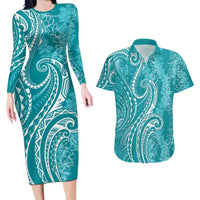 Polynesia Plumeria Lei Couples Matching Long Sleeve Bodycon Dress and Hawaiian Shirt Teal Curves Motif