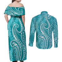Polynesia Plumeria Lei Couples Matching Off Shoulder Maxi Dress and Long Sleeve Button Shirt Teal Curves Motif LT7 - Polynesian Pride