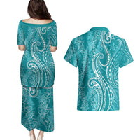 Polynesia Plumeria Lei Couples Matching Puletasi and Hawaiian Shirt Teal Curves Motif