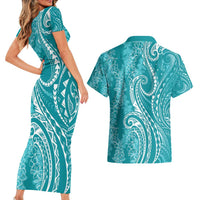 Polynesia Plumeria Lei Couples Matching Short Sleeve Bodycon Dress and Hawaiian Shirt Teal Curves Motif