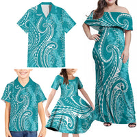 Polynesia Plumeria Lei Family Matching Off Shoulder Maxi Dress and Hawaiian Shirt Teal Curves Motif