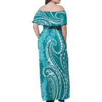 Polynesia Plumeria Lei Family Matching Off Shoulder Maxi Dress and Hawaiian Shirt Teal Curves Motif