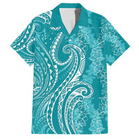 Polynesia Plumeria Lei Family Matching Off Shoulder Short Dress and Hawaiian Shirt Teal Curves Motif
