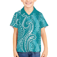 Polynesia Plumeria Lei Family Matching Puletasi and Hawaiian Shirt Teal Curves Motif