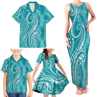 Polynesia Plumeria Lei Family Matching Tank Maxi Dress and Hawaiian Shirt Teal Curves Motif