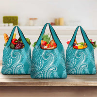 Polynesia Plumeria Lei Grocery Bag Teal Curves Motif