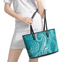 Polynesia Plumeria Lei Leather Tote Bag Teal Curves Motif