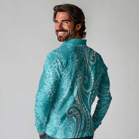 Polynesia Plumeria Lei Long Sleeve Polo Shirt Teal Curves Motif