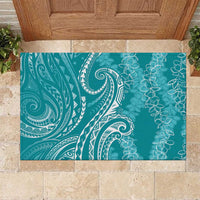 Polynesia Plumeria Lei Rubber Doormat Teal Curves Motif