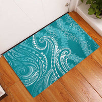 Polynesia Plumeria Lei Rubber Doormat Teal Curves Motif
