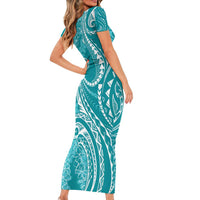 Polynesia Plumeria Lei Short Sleeve Bodycon Dress Teal Curves Motif