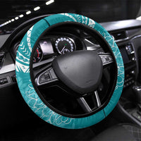 Polynesia Plumeria Lei Steering Wheel Cover Teal Curves Motif