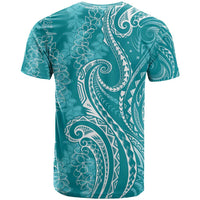 Polynesia Plumeria Lei T Shirt Teal Curves Motif