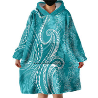 Polynesia Plumeria Lei Wearable Blanket Hoodie Teal Curves Motif