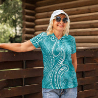 Polynesia Plumeria Lei Women Polo Shirt Teal Curves Motif