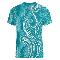 Polynesia Plumeria Lei Women V-Neck T-Shirt Teal Curves Motif