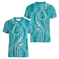Polynesia Plumeria Lei Women V-Neck T-Shirt Teal Curves Motif