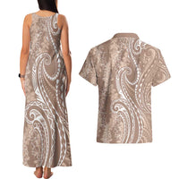 Polynesia Plumeria Lei Couples Matching Tank Maxi Dress and Hawaiian Shirt Beige Curves Motif