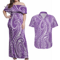 Polynesia Plumeria Lei Couples Matching Off Shoulder Maxi Dress and Hawaiian Shirt Periwinkle Curves Motif