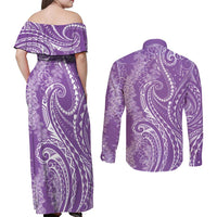 Polynesia Plumeria Lei Couples Matching Off Shoulder Maxi Dress and Long Sleeve Button Shirt Periwinkle Curves Motif LT7 - Polynesian Pride