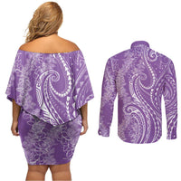 Polynesia Plumeria Lei Couples Matching Off Shoulder Short Dress and Long Sleeve Button Shirt Periwinkle Curves Motif LT7 - Polynesian Pride