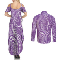 Polynesia Plumeria Lei Couples Matching Summer Maxi Dress and Long Sleeve Button Shirt Periwinkle Curves Motif LT7 - Polynesian Pride