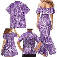 Polynesia Plumeria Lei Family Matching Mermaid Dress and Hawaiian Shirt Periwinkle Curves Motif