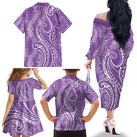 Polynesia Plumeria Lei Family Matching Off The Shoulder Long Sleeve Dress and Hawaiian Shirt Periwinkle Curves Motif