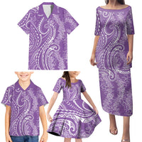 Polynesia Plumeria Lei Family Matching Puletasi and Hawaiian Shirt Periwinkle Curves Motif