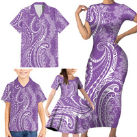 Polynesia Plumeria Lei Family Matching Short Sleeve Bodycon Dress and Hawaiian Shirt Periwinkle Curves Motif