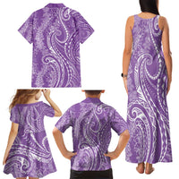 Polynesia Plumeria Lei Family Matching Tank Maxi Dress and Hawaiian Shirt Periwinkle Curves Motif