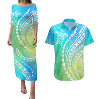 Polynesian Pride Couples Matching Puletasi Dress and Hawaiian Shirt Turtle Hibiscus Luxury Style - Gradient Blue LT7 Blue Green - Polynesian Pride